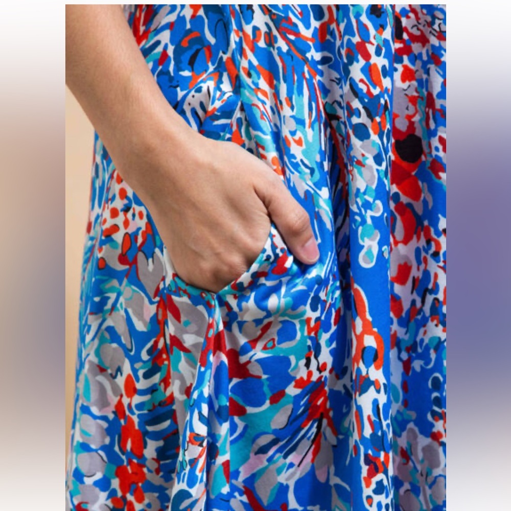 Papillon Blue Abstract Print Sleeveless Swing Dress w/ Pockets - Picture 4 of 7